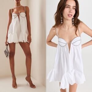 Area Poplin Scallop Hem Mini Dress Crystal Embellished Cotton White Size 14